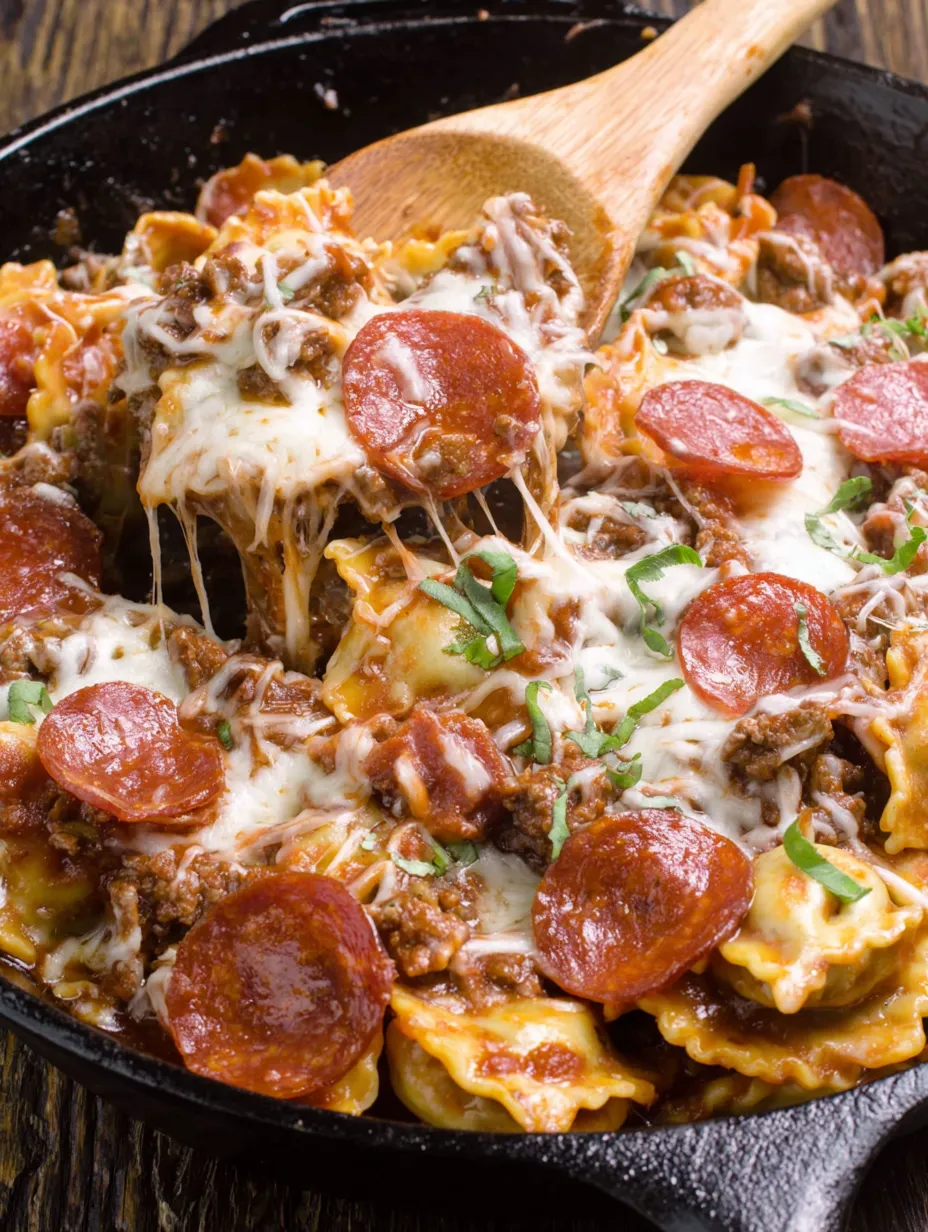 A skillet filled with meat lover's pizza ravioli.