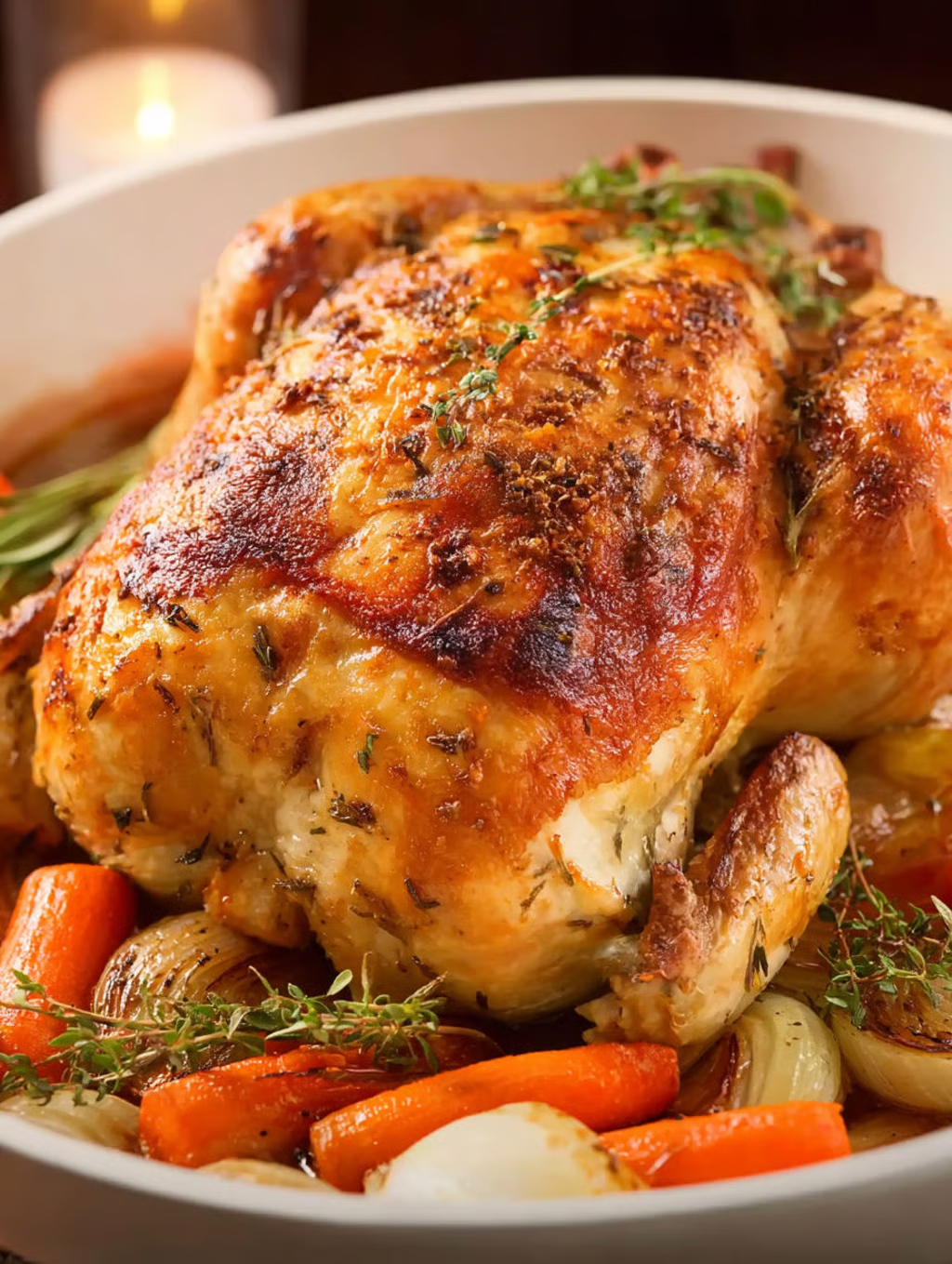 A whole roasted chicken with herbs and spices.