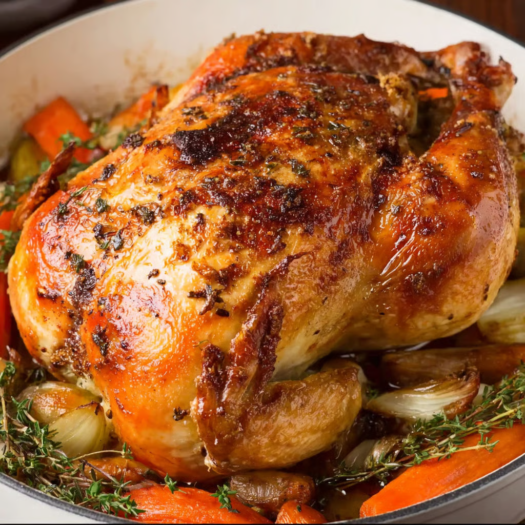 A whole roasted chicken with herbs and vegetables.