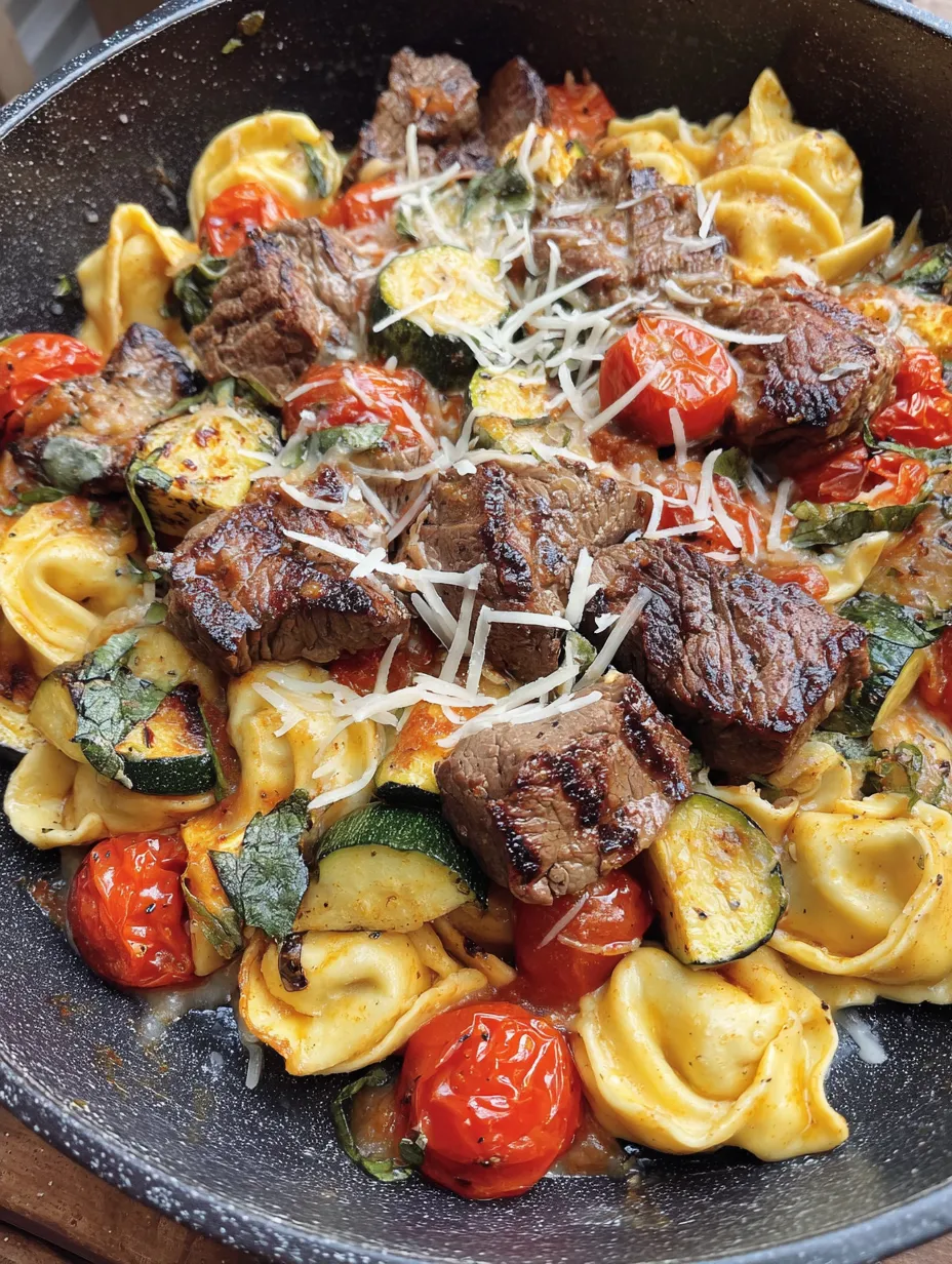 A dish of garlic Parmesan steak tortellini.