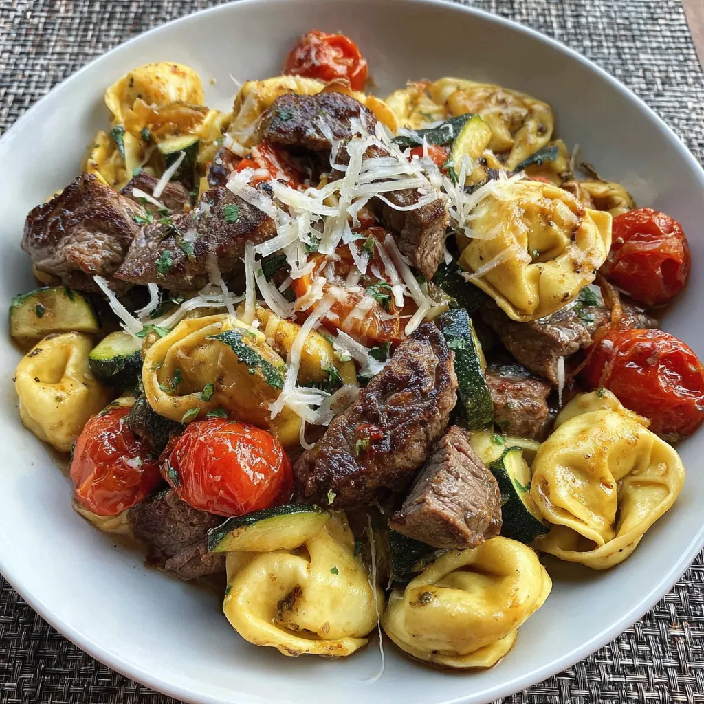 A plate of food with meat, tomatoes, and pasta.