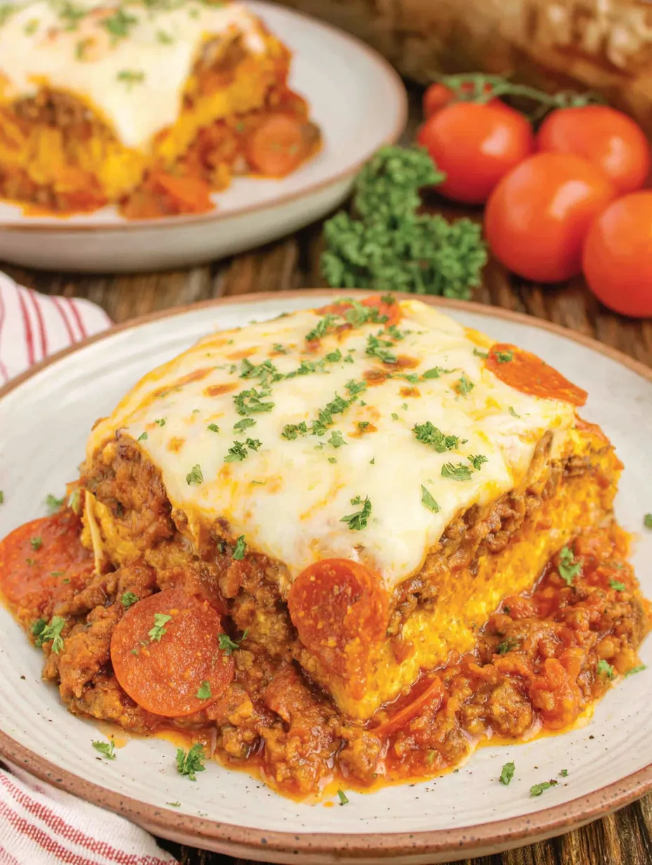 A slice of keto pizza casserole on a plate.