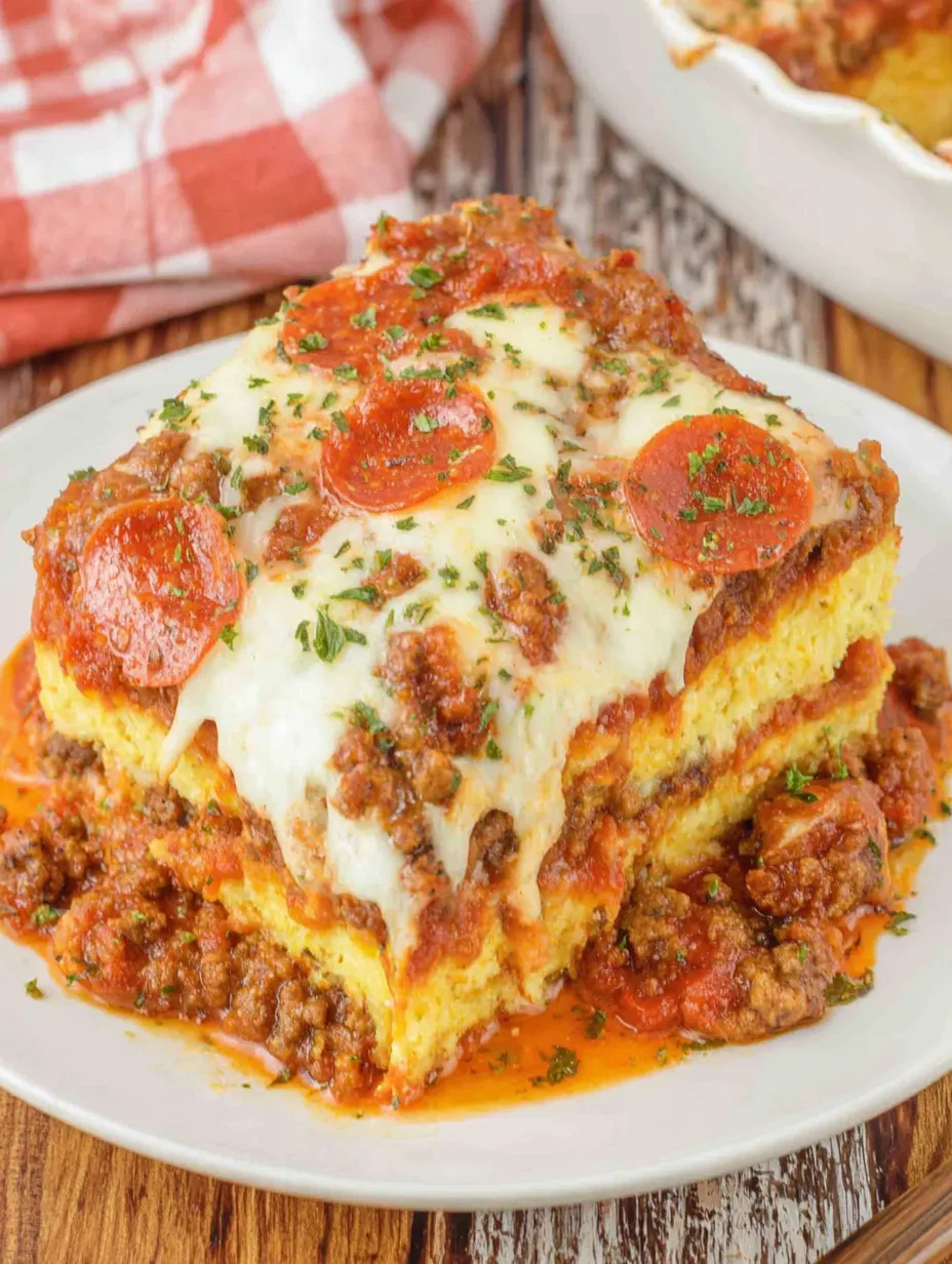 A delicious keto pizza casserole with pepperoni and cheese.