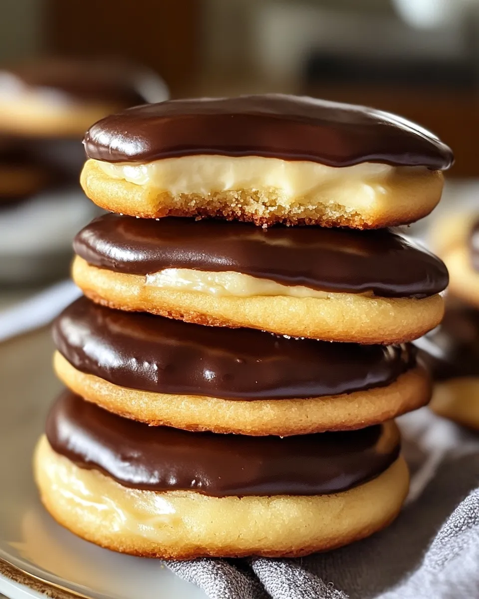 A stack of chocolate and white frosted cookies.