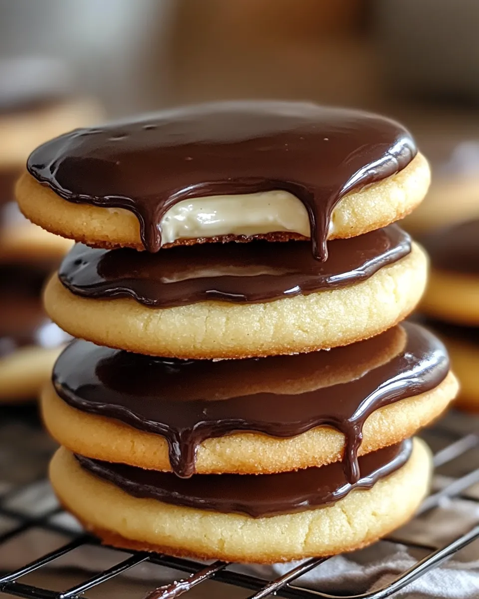 Chocolate frosting on top of cookies.