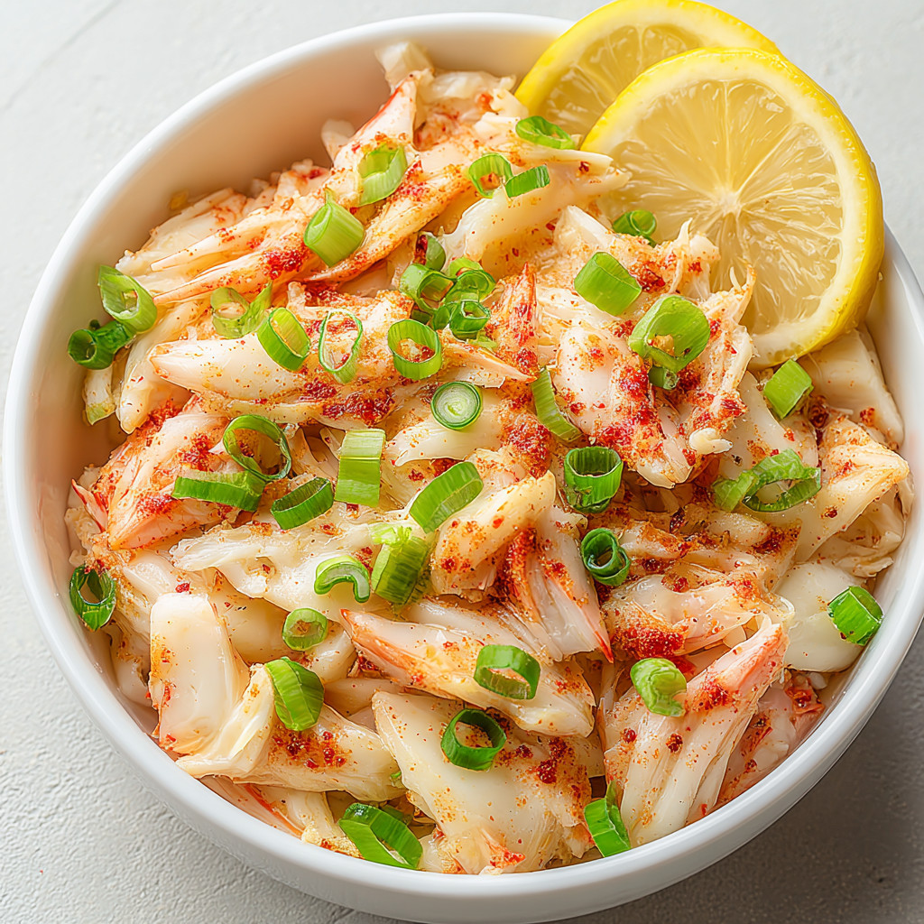 A bowl of crab meat with red peppers and lemon wedges.