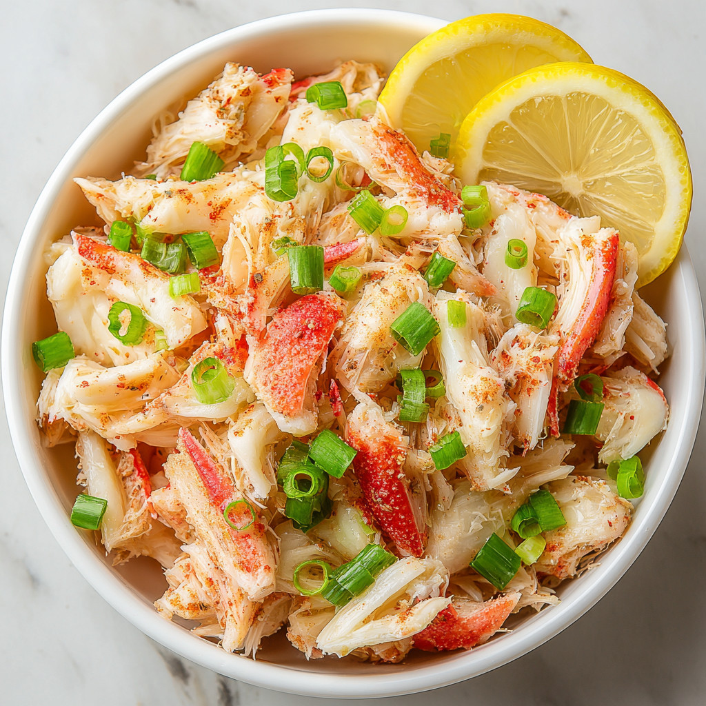 A bowl of crab meat with lemon wedges on top.