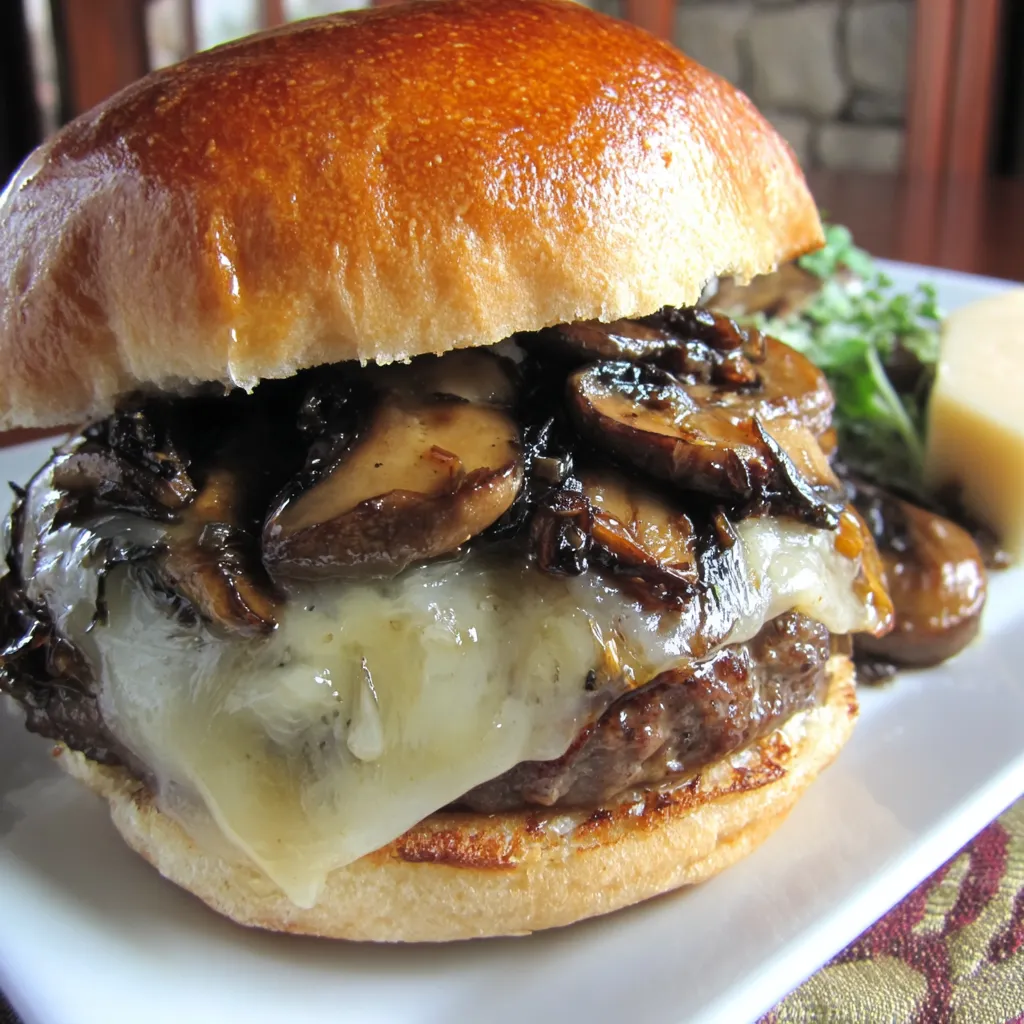 A mushroom swiss burger on a plate.