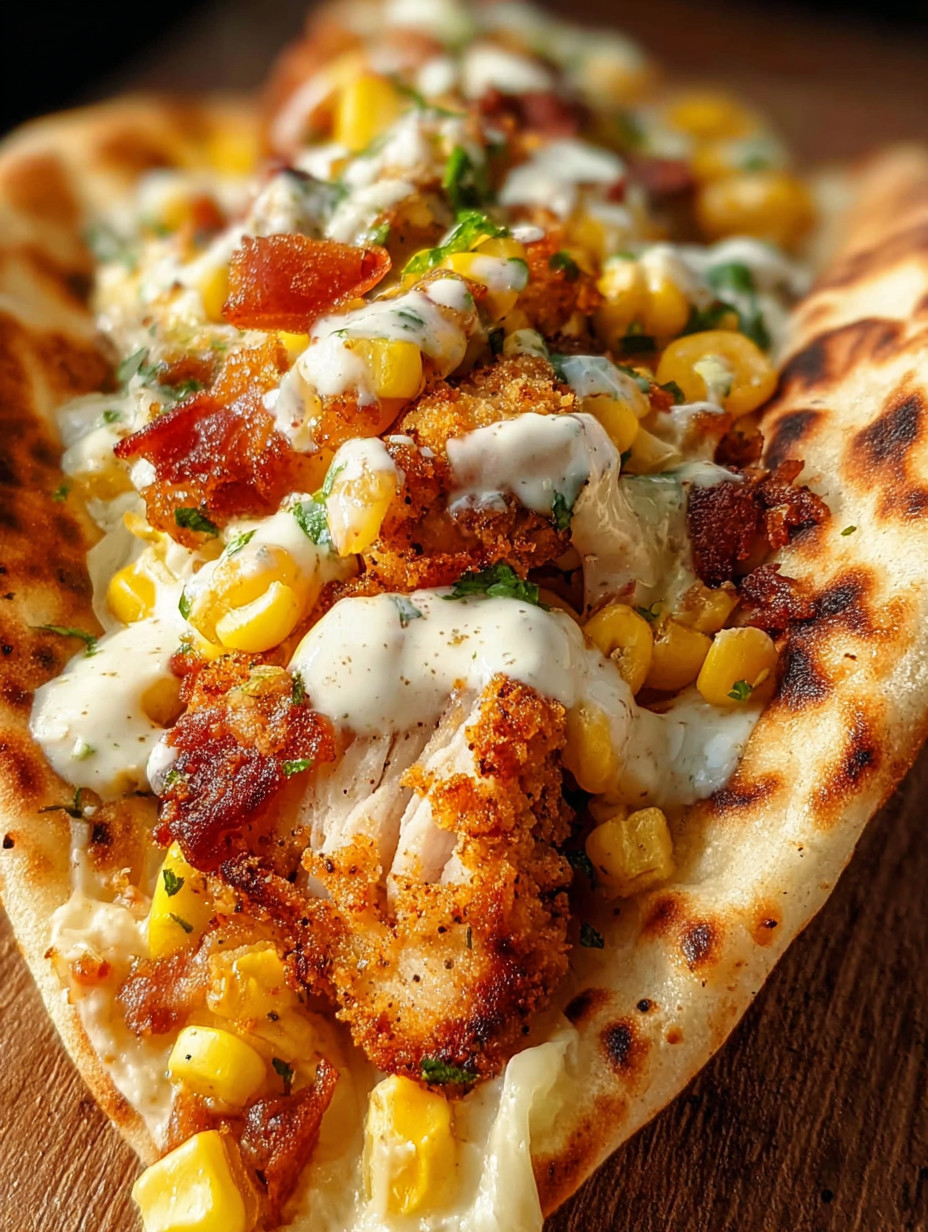 A delicious looking fried chicken street corn taco with bacon and jalapeno lime ranch.