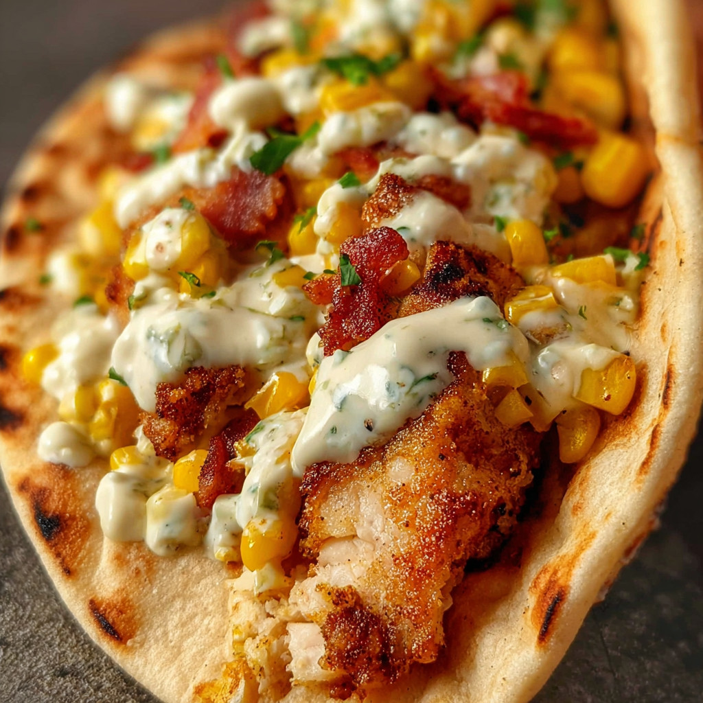 Fried chicken street corn tacos with bacon and jalapeno lime ranch.