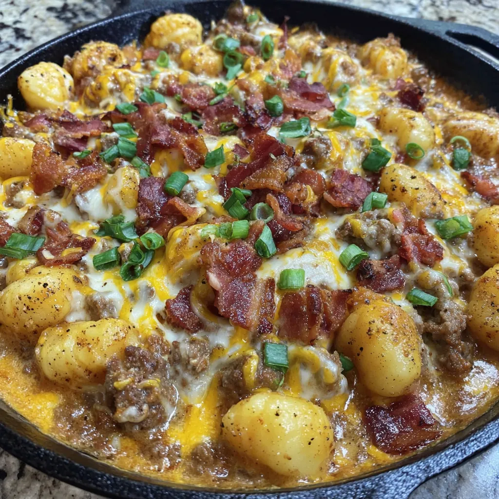 A delicious bacon cheeseburger gnocchi dish.