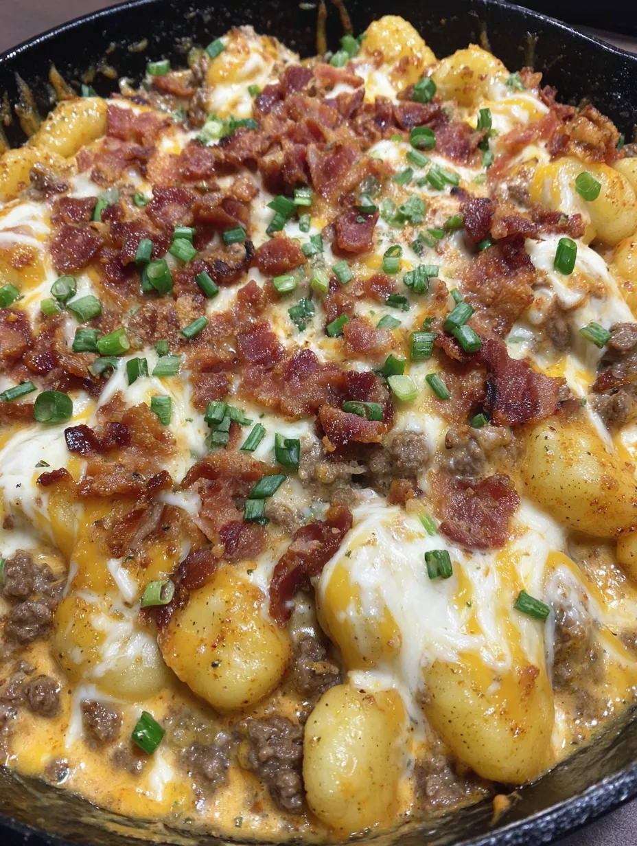 A close up of a bacon cheeseburger gnocchi.