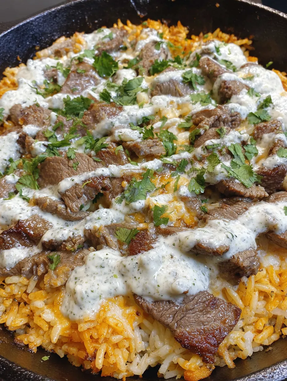 A dish of steak, cheese and rice.