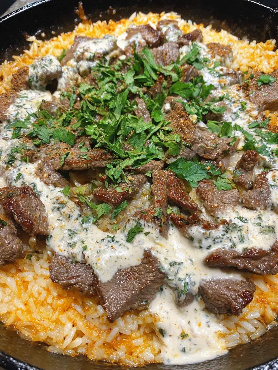 A plate of steak, cheese, and rice.