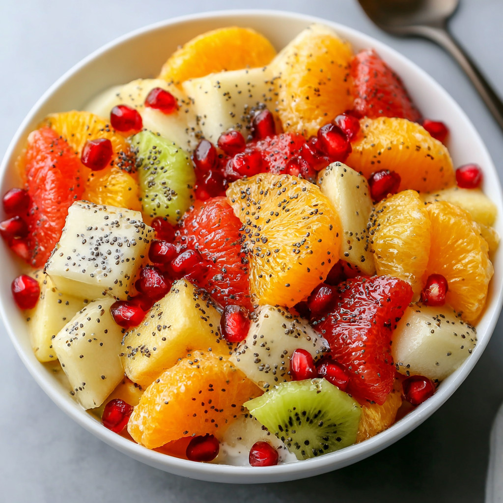 A bowl of fruit salad with a spoon in it.