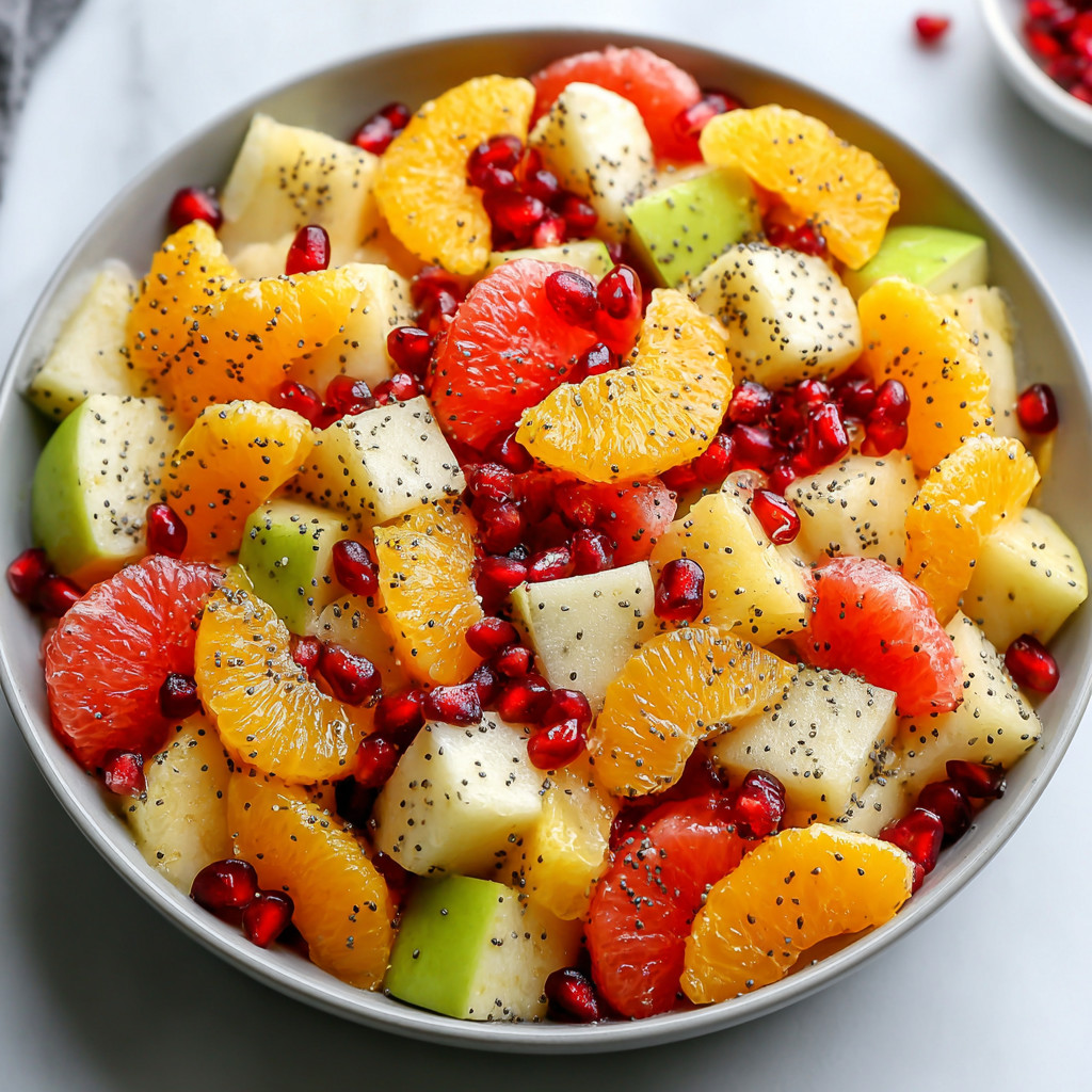 A bowl of fruit salad with orange poppy seed dressing.