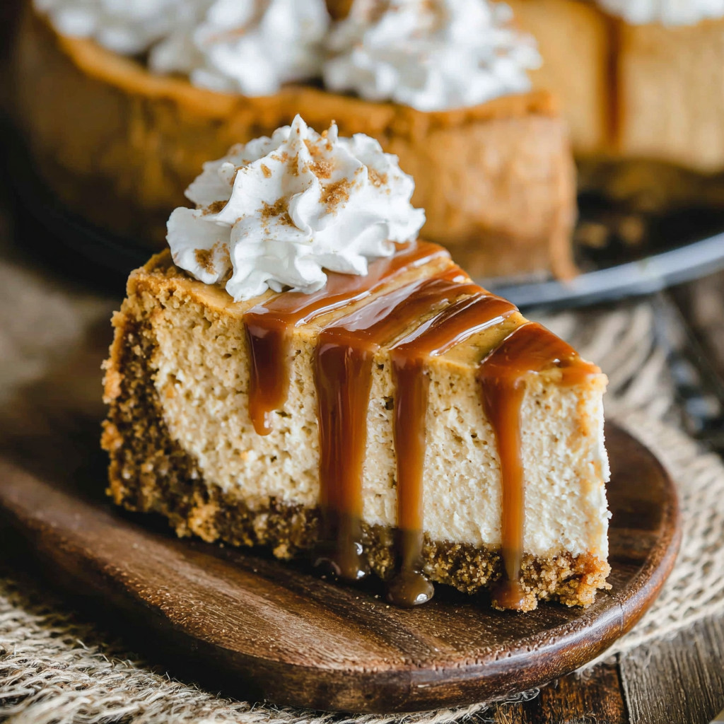 A slice of pumpkin cheesecake with caramel drizzle.