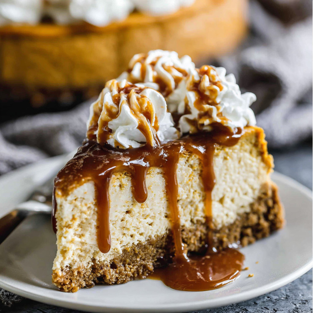 A slice of pumpkin cheesecake with caramel drizzle.