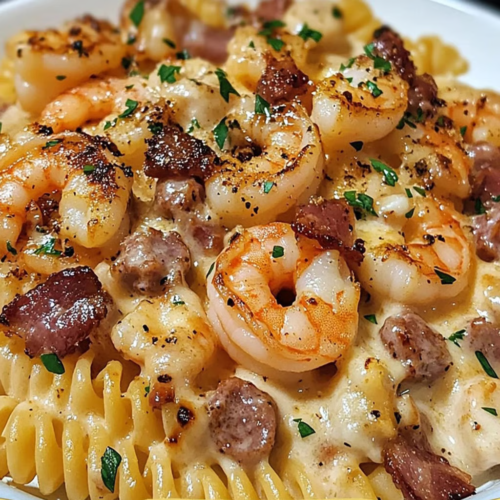 A bowl of pasta with shrimp, sausage, and bacon.