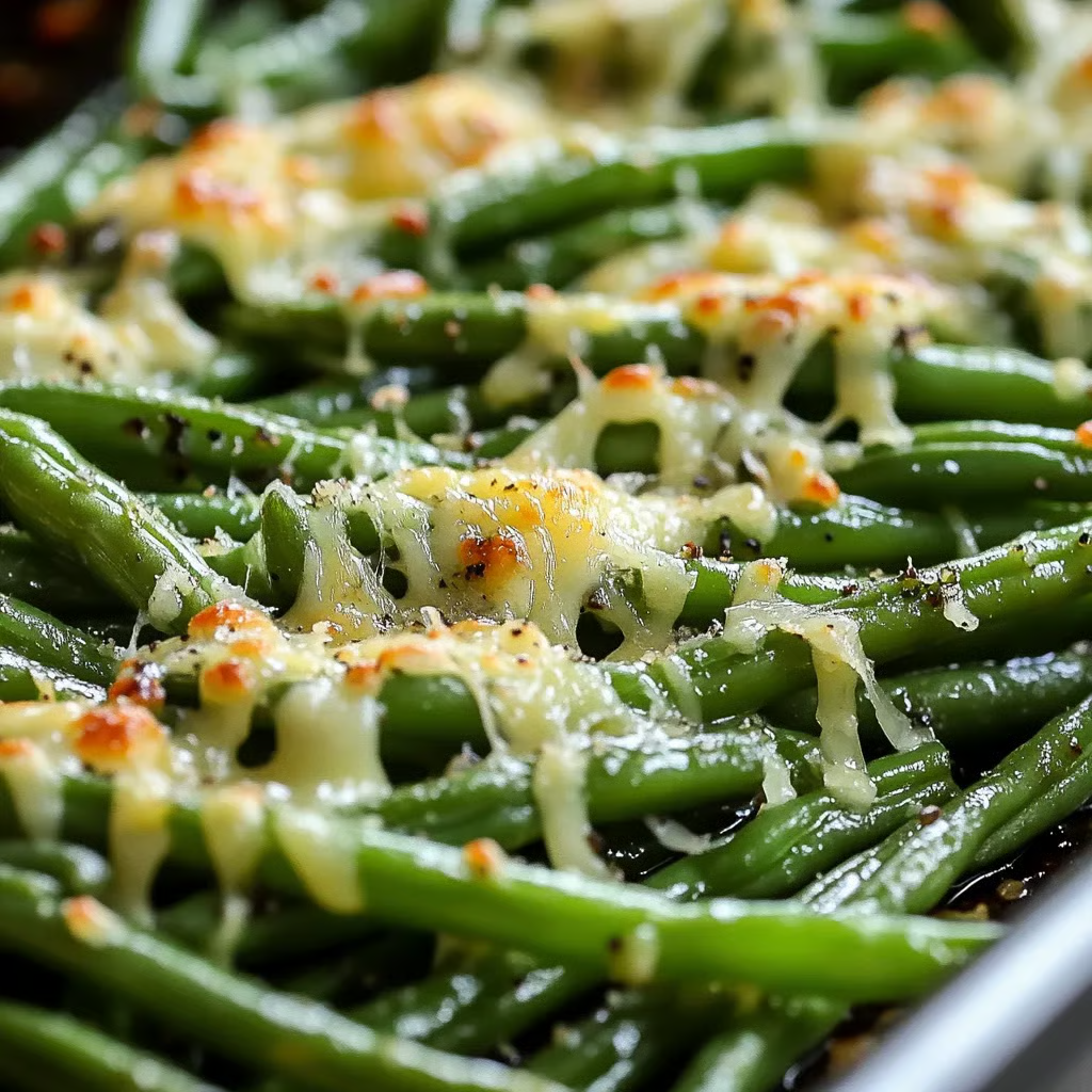 A dish of garlic green beans with cheese on top.