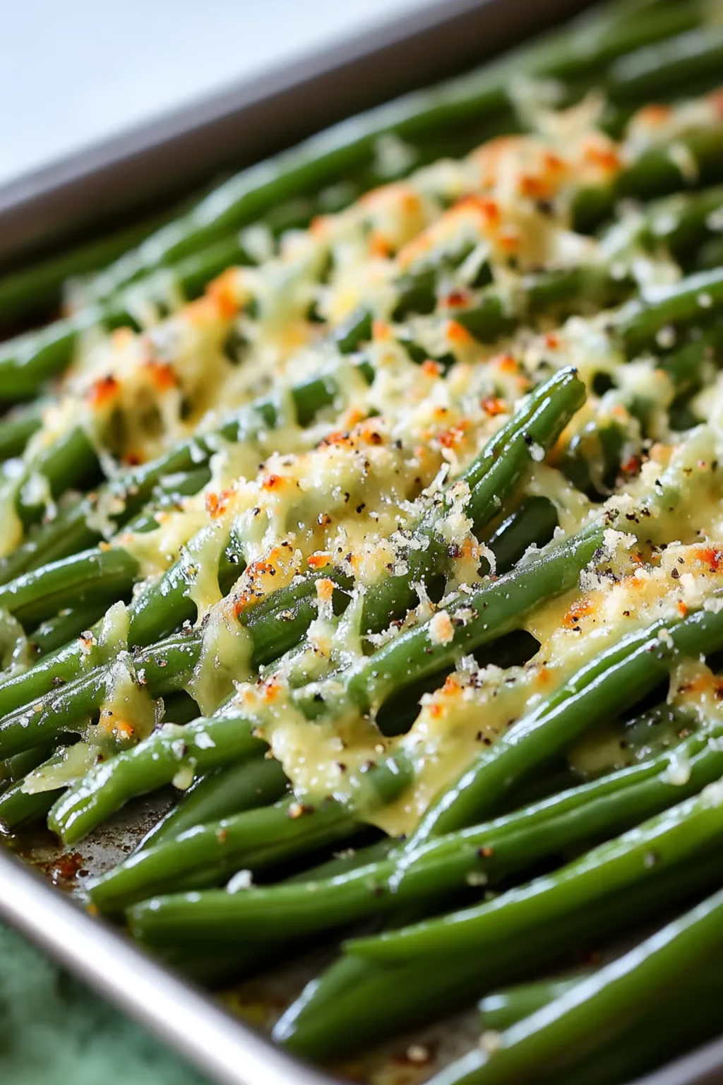 A dish of garlic green beans with cheese.
