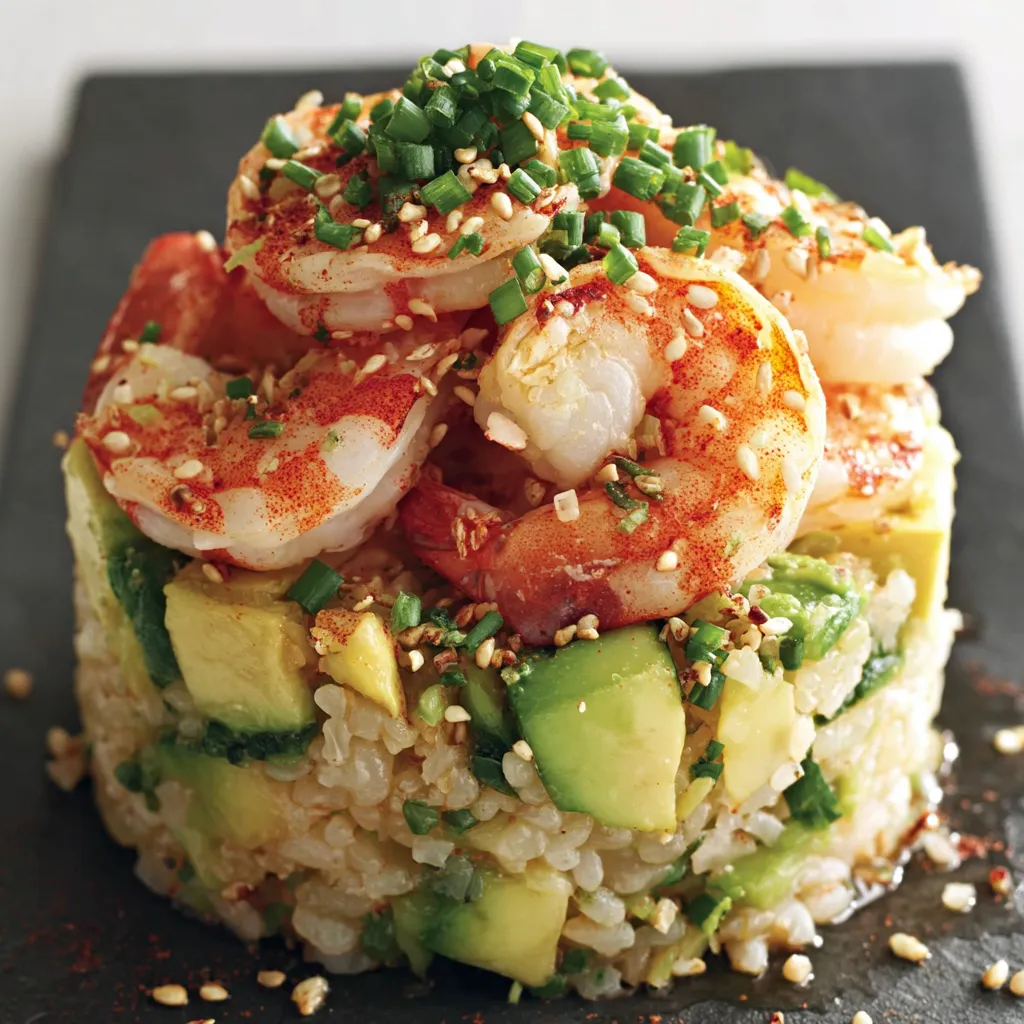 A stack of shrimp with rice and avocado.