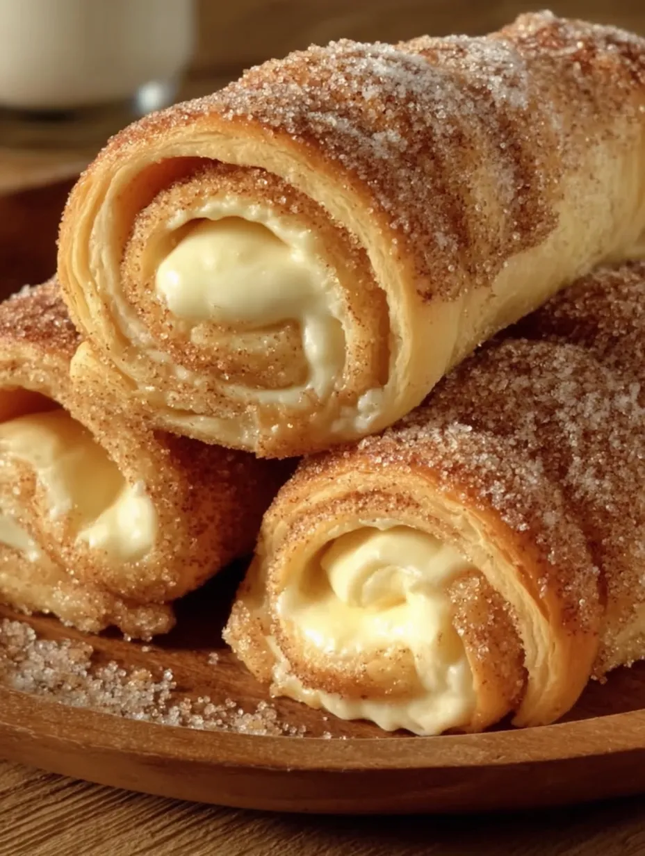 Cinnamon-sugar cream cheese rolls on a wooden platter.