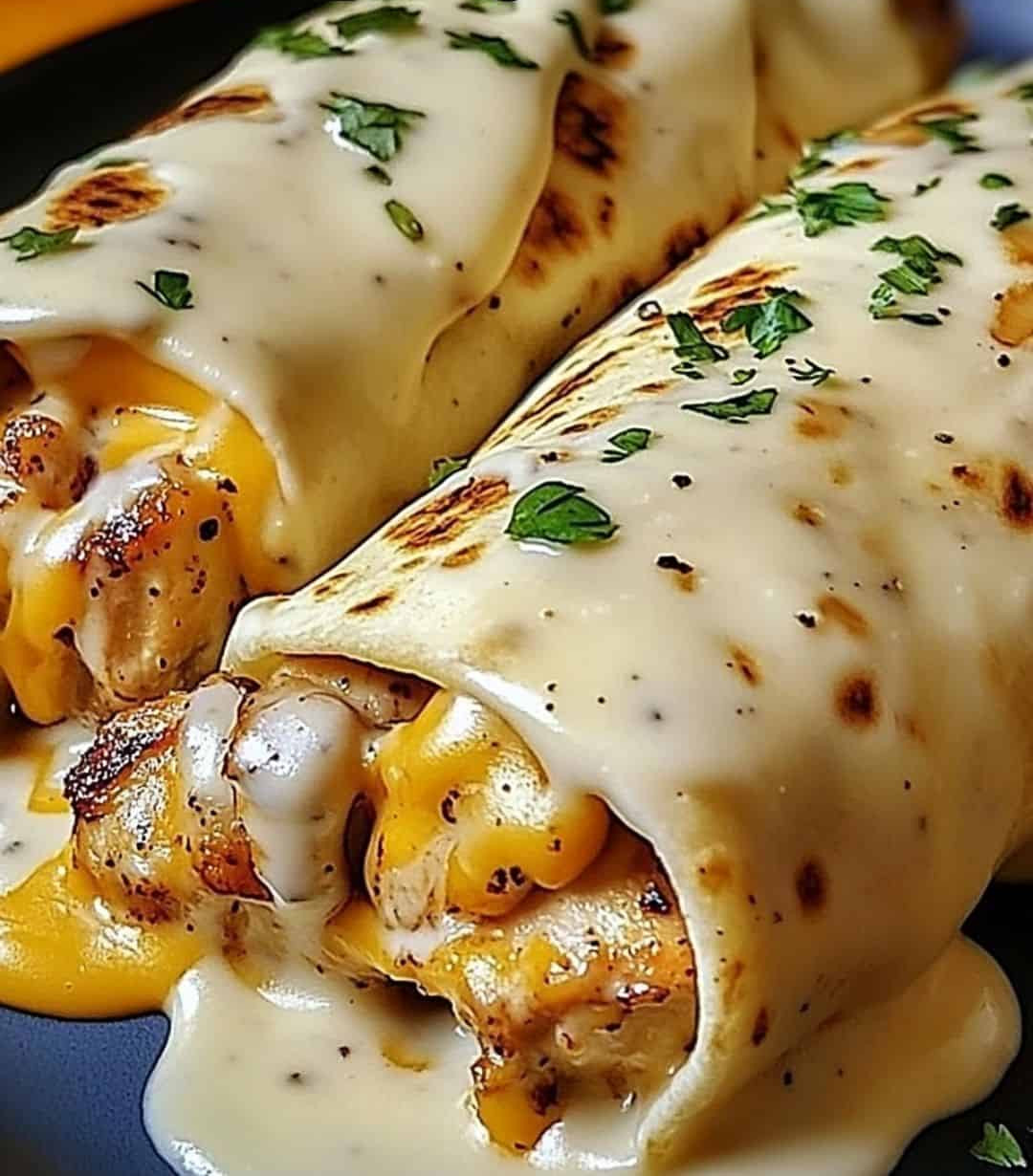 A delicious chicken wrap with cheese and green onions.