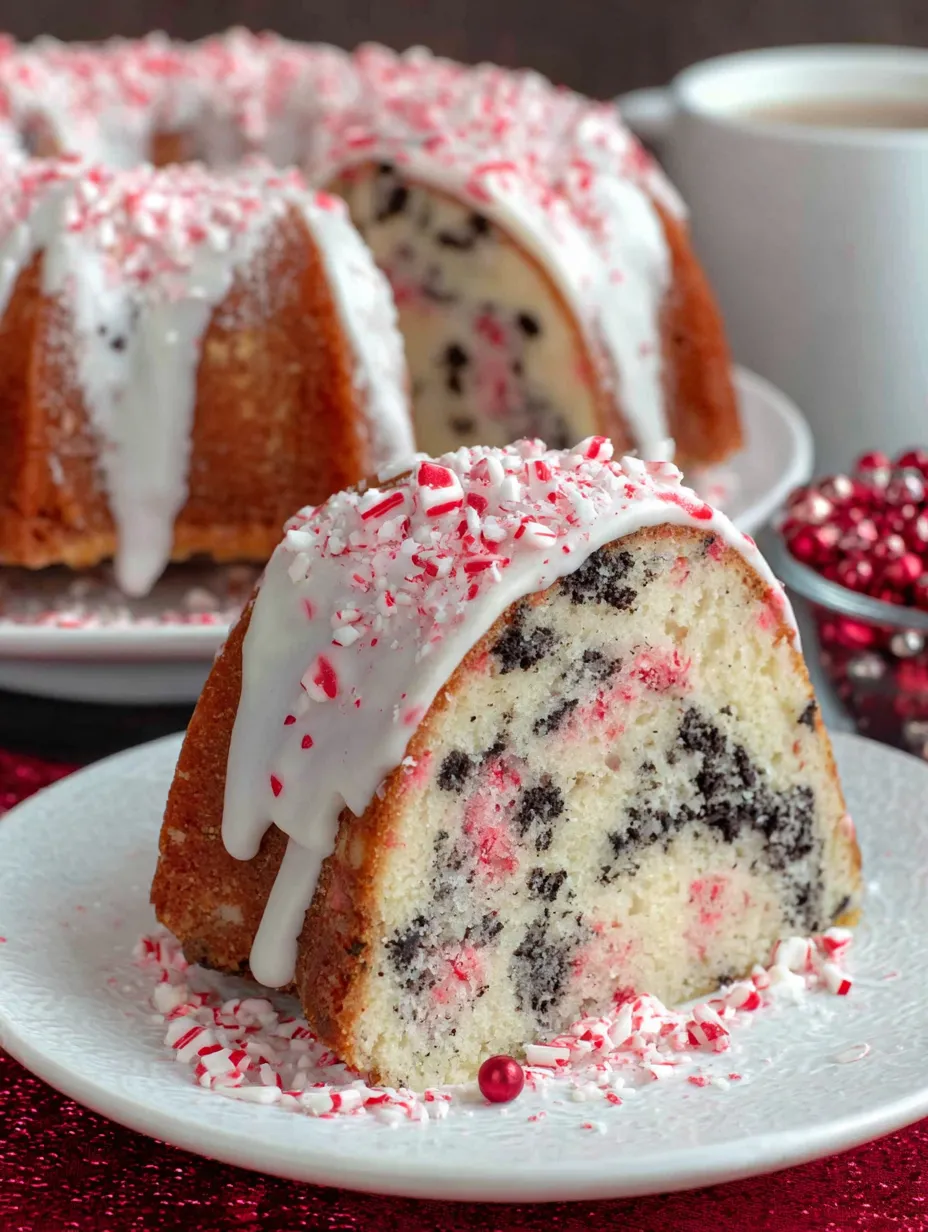 A slice of peppermint bundt cake.