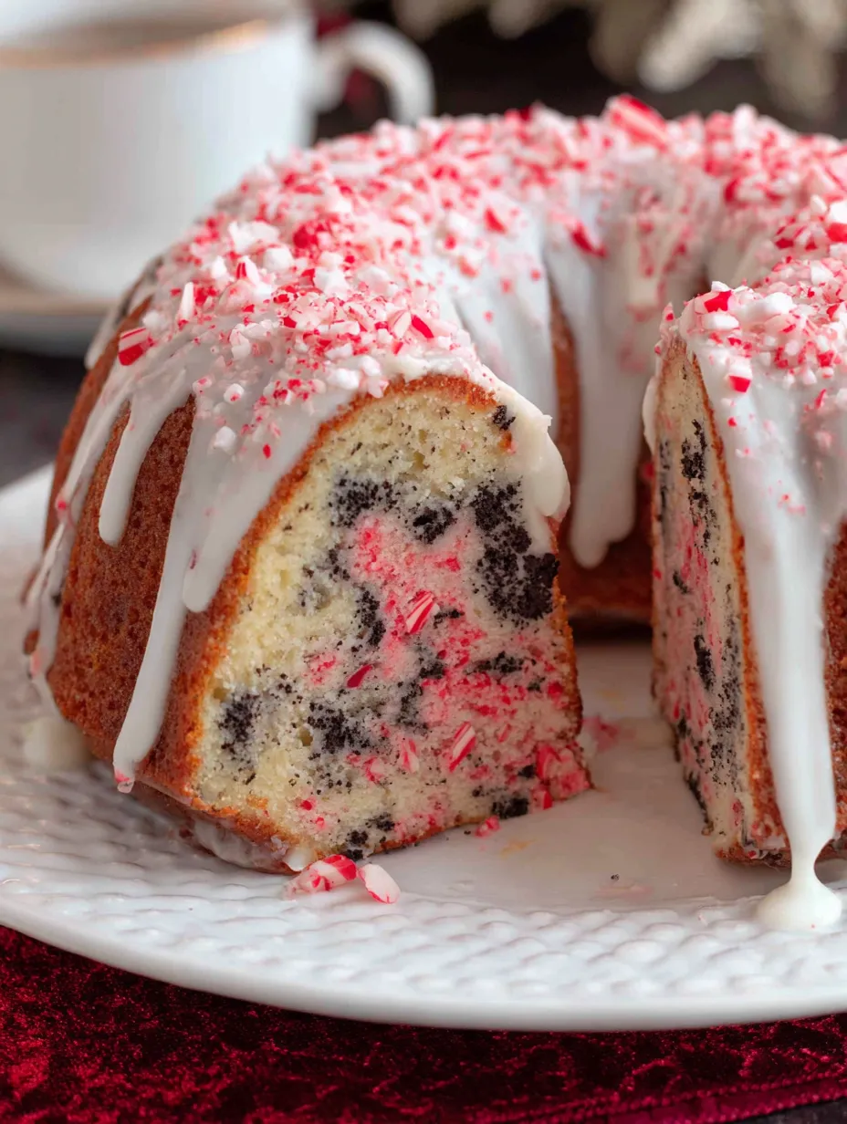 A slice of peppermint bundt cake.