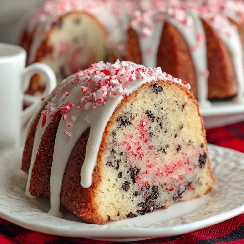A bundt cake with red and white frosting.