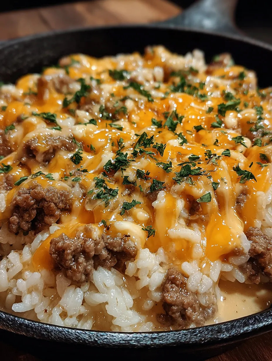 A skillet of garlic butter beef rice.