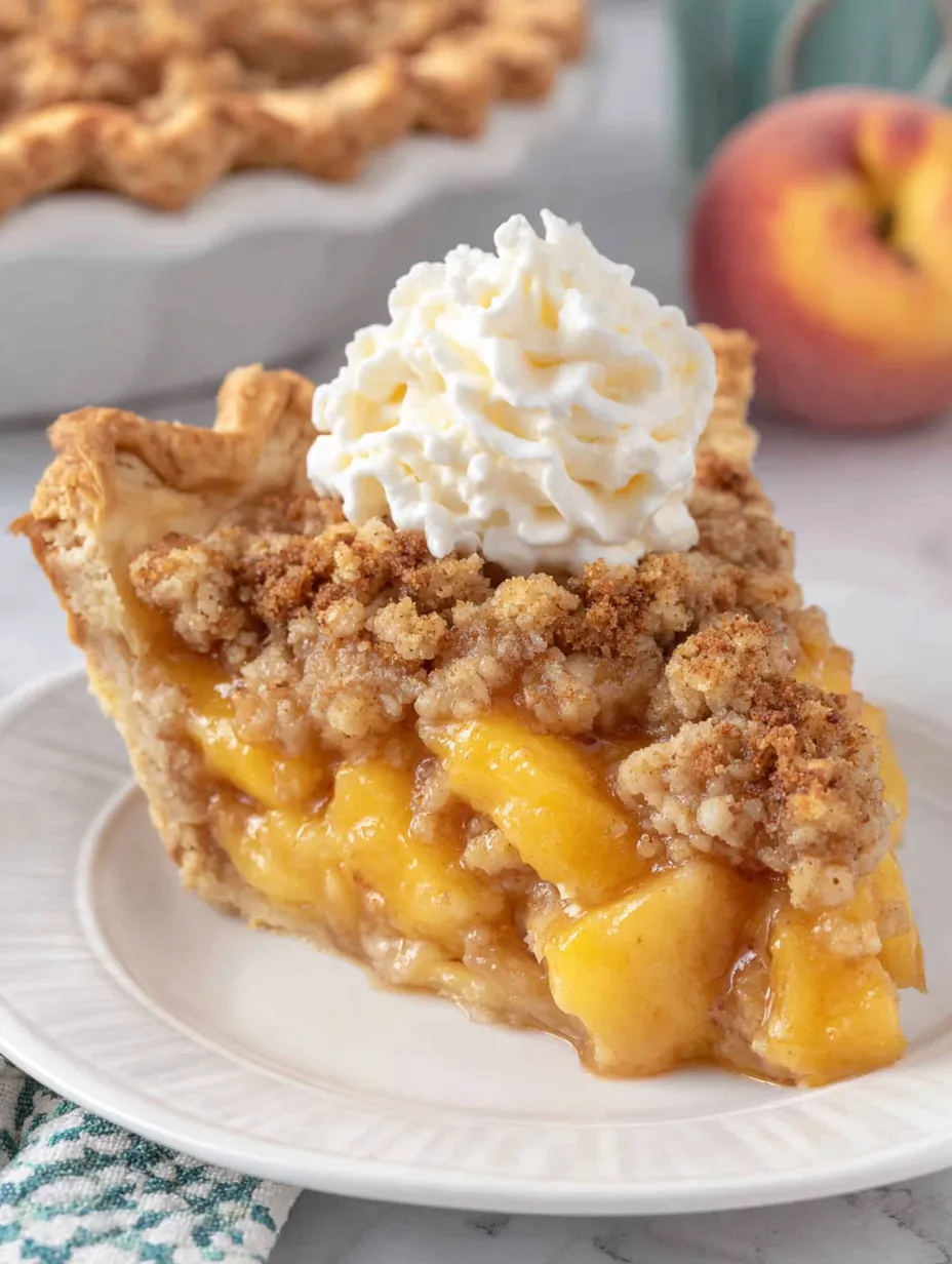 A slice of peach crumble pie with whipped cream on top.