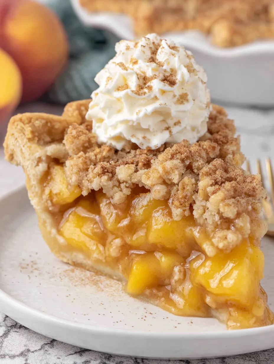 A slice of peach crumble pie with whipped cream on top.