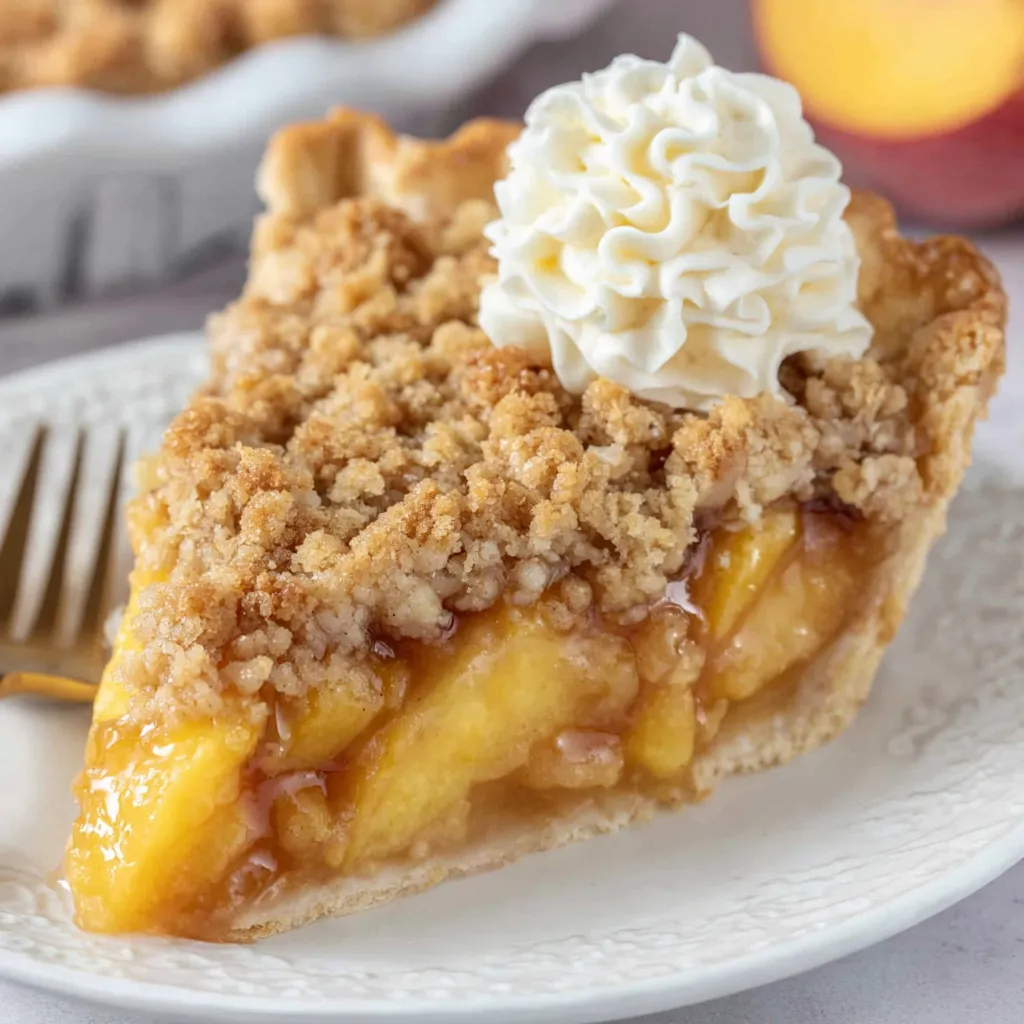 A slice of peach crumble pie with whipped cream on top.