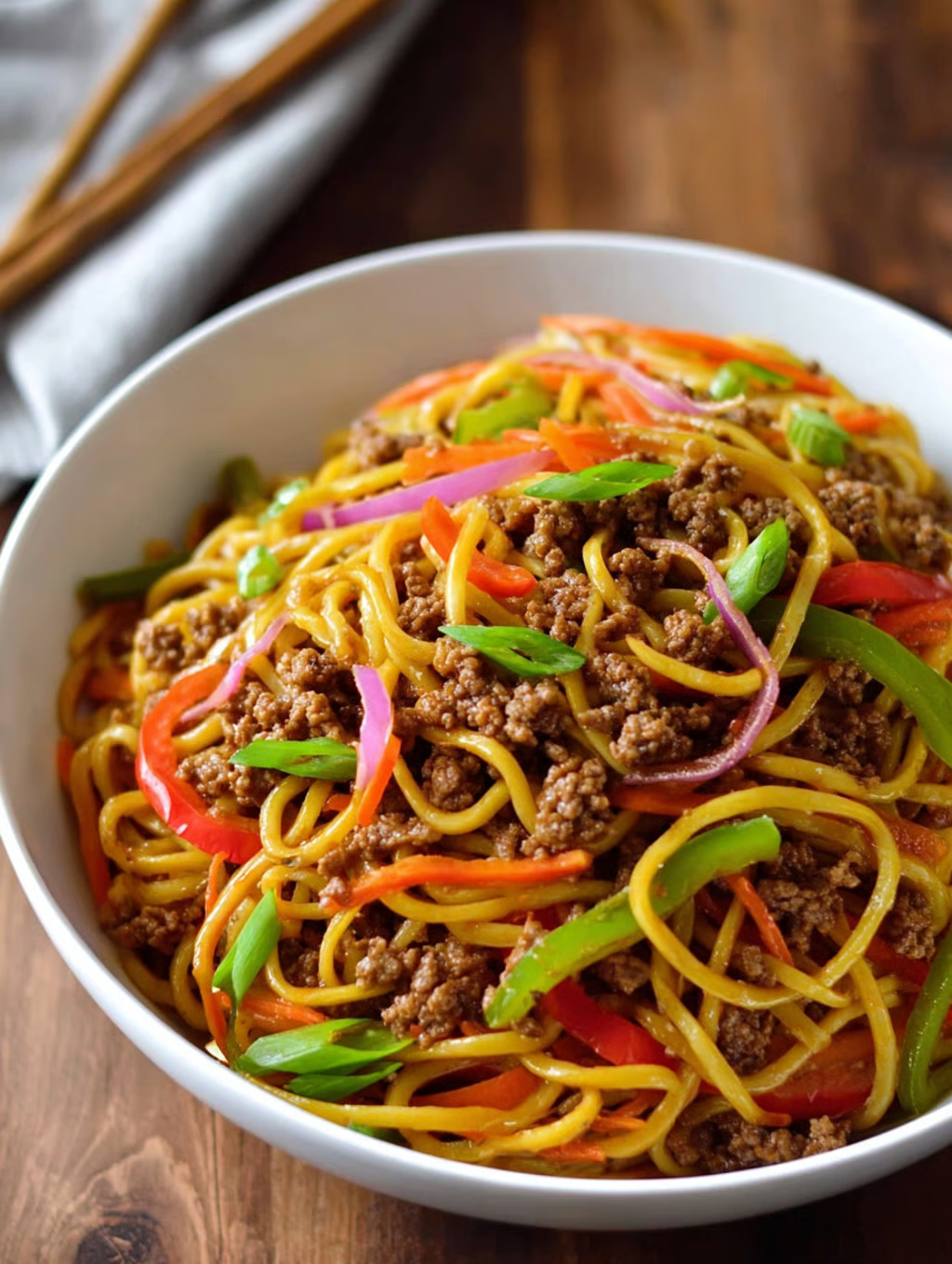 A bowl of savory ground beef lo mein.
