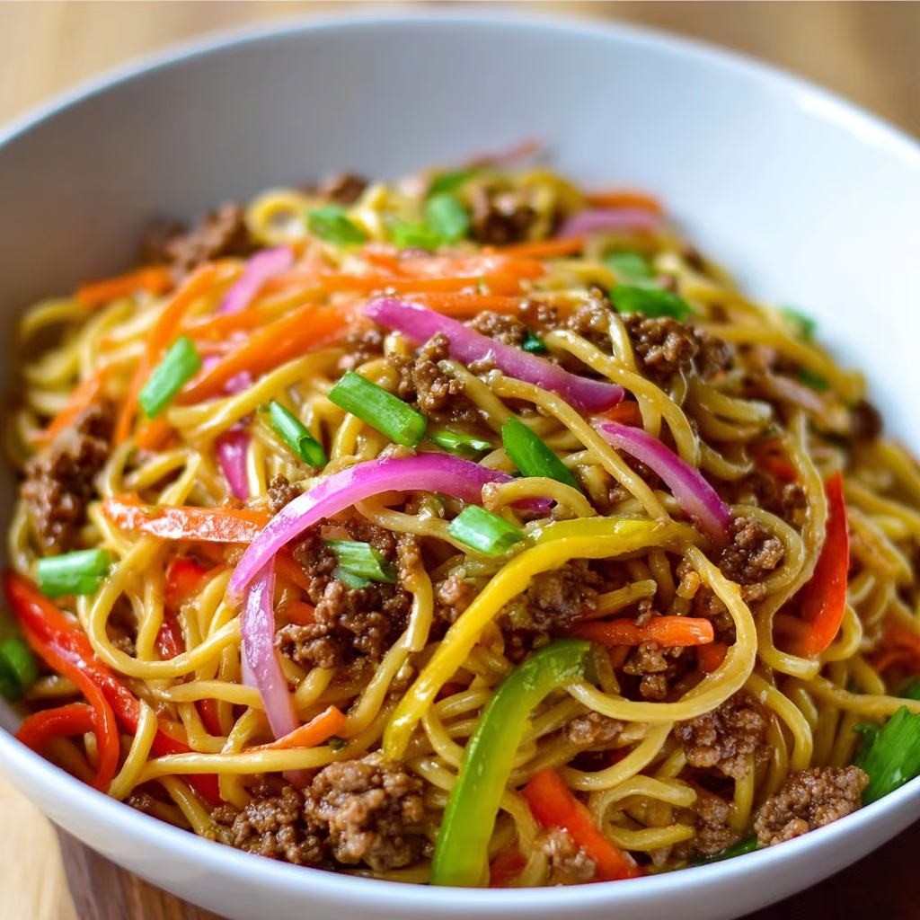 A bowl of savory ground beef lo mein.