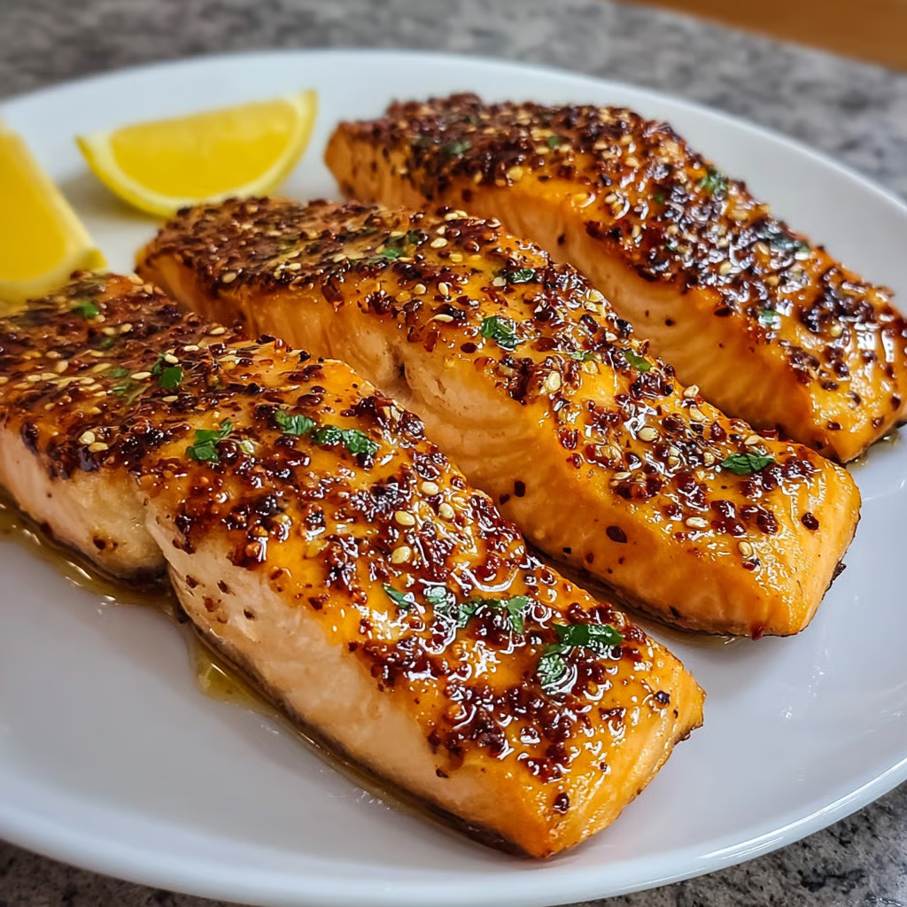 A plate of salmon with a lemon wedge on top.