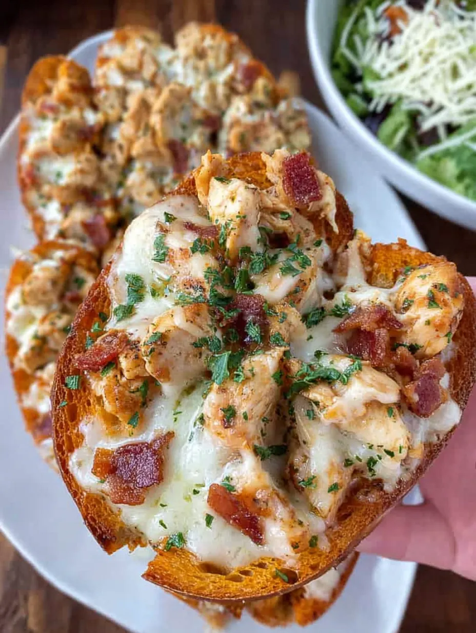 A piece of chicken alfredo garlic toast.