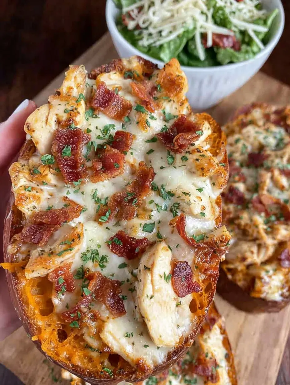 A piece of chicken alfredo garlic toast.