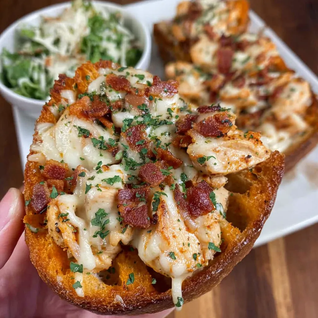 A person is holding a piece of chicken Alfredo garlic toast.