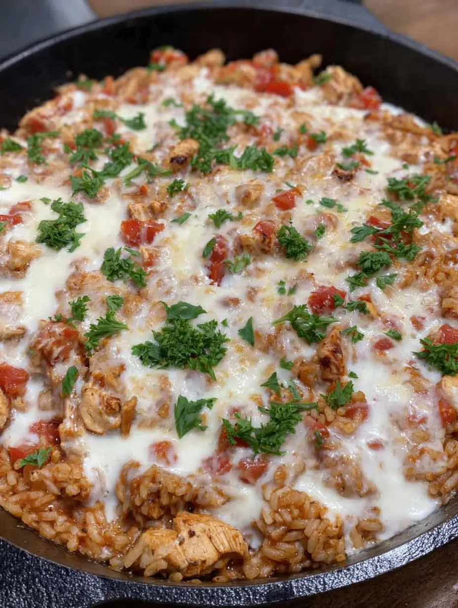 A dish of chicken, cheese and rice.
