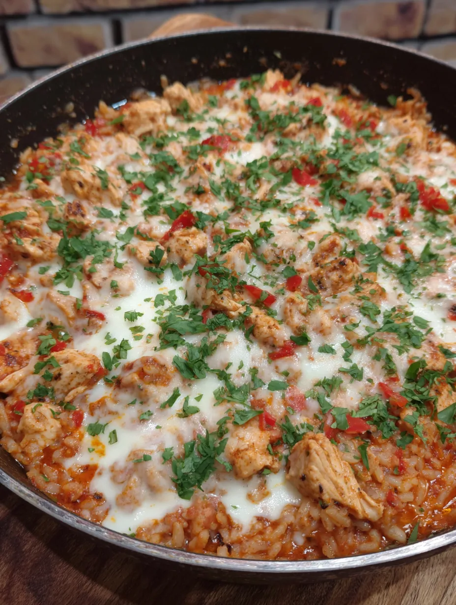 A dish of chicken, cheese, and rice.