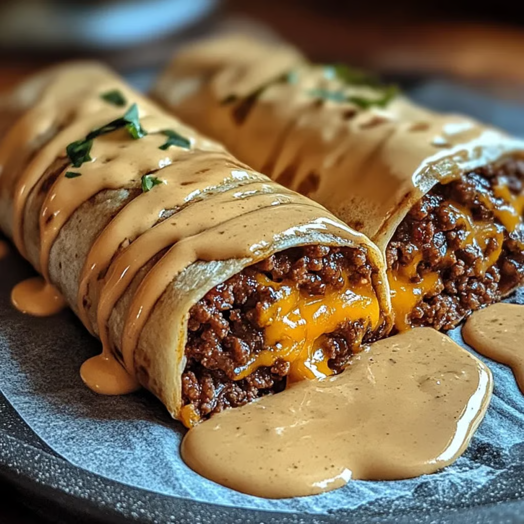 A cheesy ground beef wrap delights on a plate.