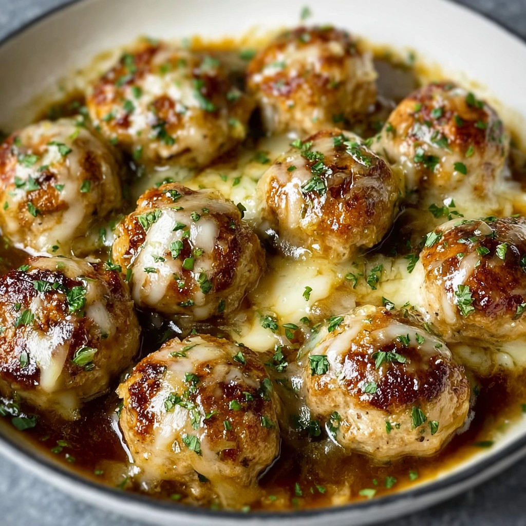 A bowl of French onion meatballs.