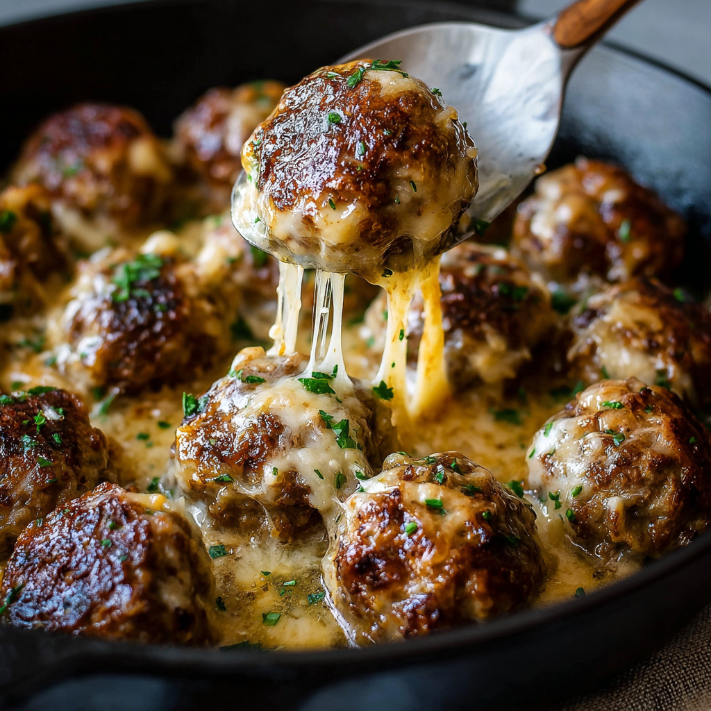 A pan of French onion meatballs.