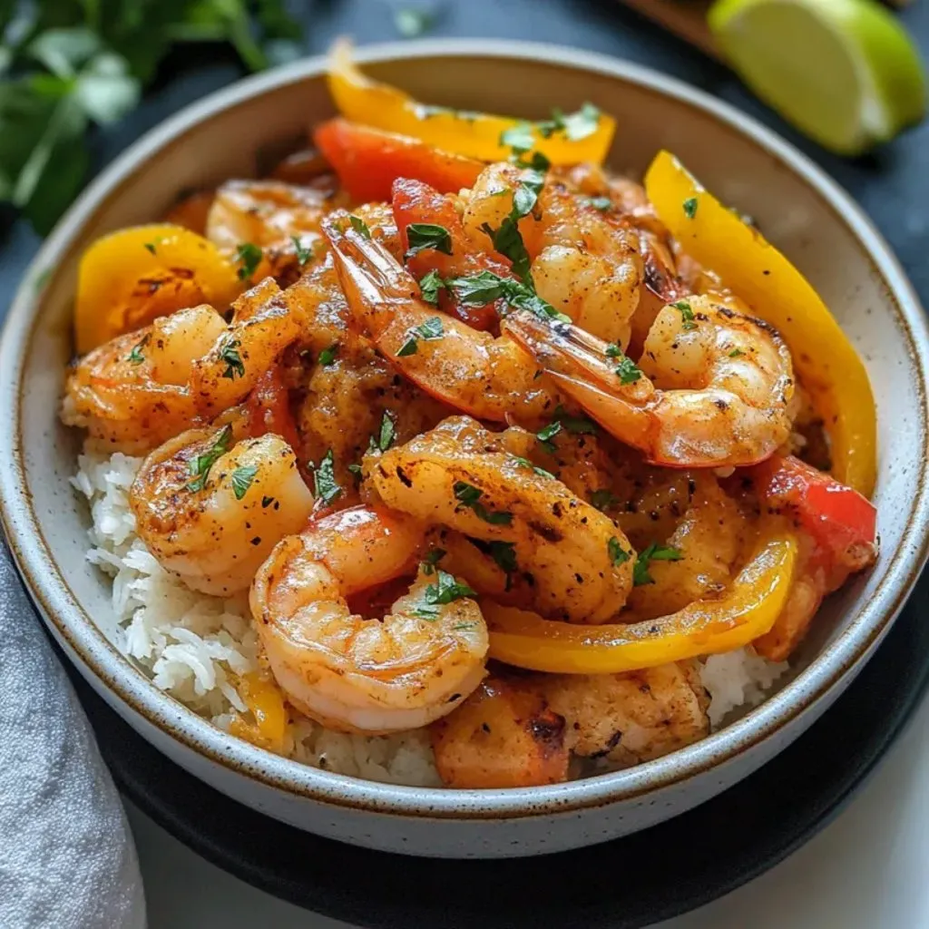 A bowl of shrimp and peppers.