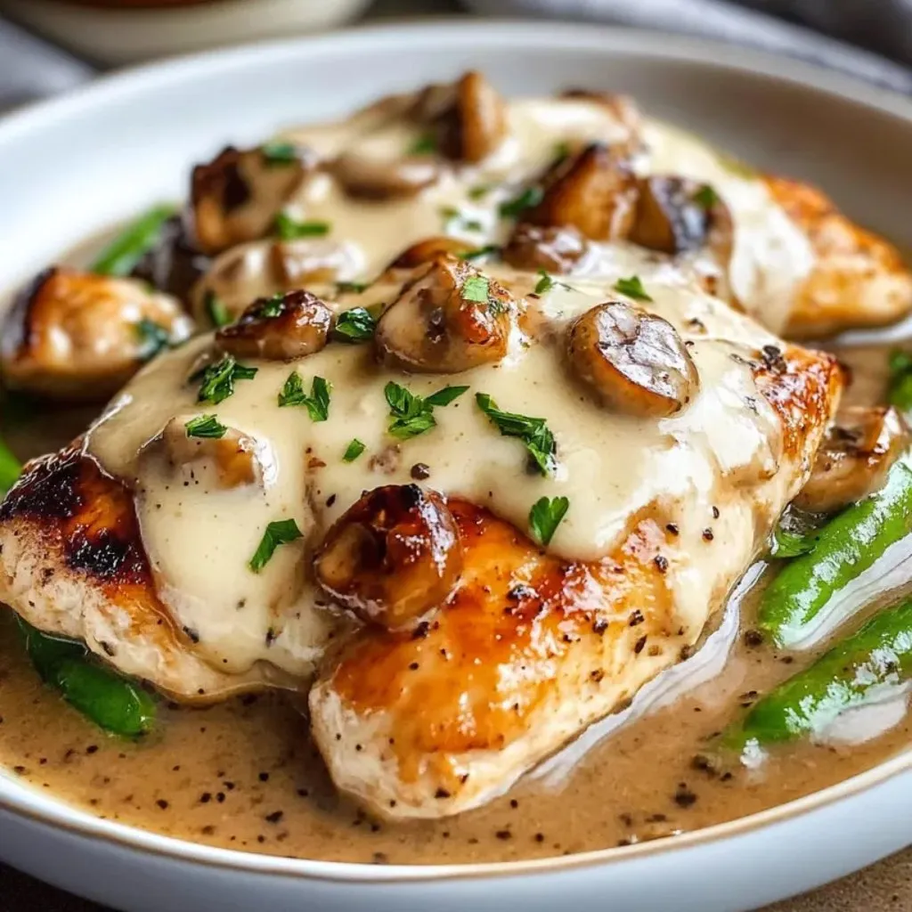 A plate of chicken with mushrooms on top.