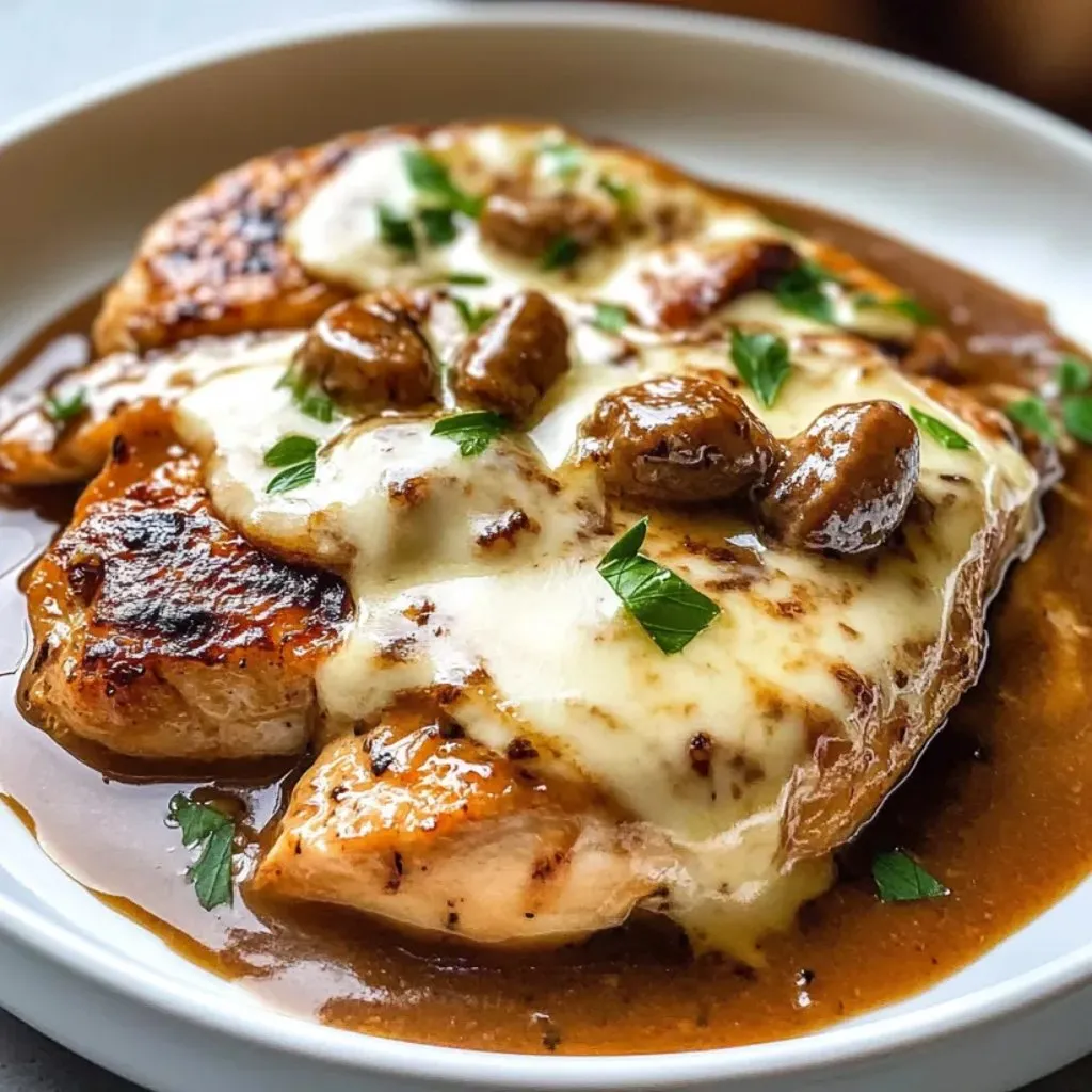 A plate of chicken with mushrooms and cheese.
