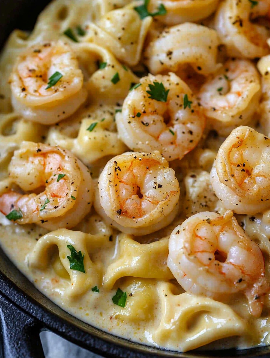 A bowl of shrimp alfredo with cheese tortellini.